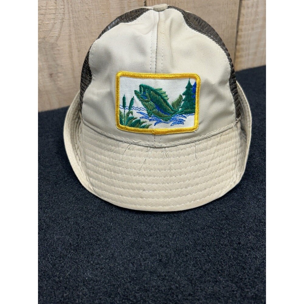 Vintage Fishing Bucket Hat Mens Size Small Tan Mesh Made In USA